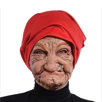 Halloween Velho Nana Máscara De Látex Com Lenço De Cabeça, Realista Fumar Avó Halloween Traje Cosplay Adereços