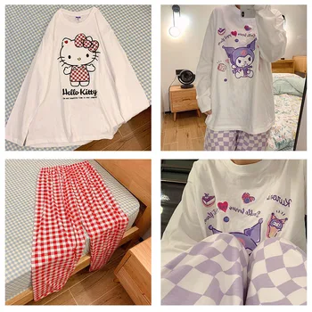 Hello Kitty Sanrio Kawaii Outono Pijama Kuromi Anime Calças Axadrezadas Cartoon Aluno Gola Tops Garotas Fina Sleepcoat Conjuntos