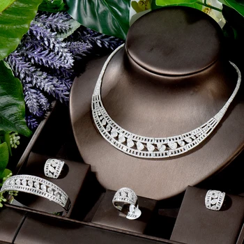 HIBRIDE Novo de Luxo Exclusivo Círculo Colar Brinco de Conjuntos Para as Mulheres Nupcial do Casamento Cúbicos de Zircônia Dubai Conjunto de Jóias bijoux N-113