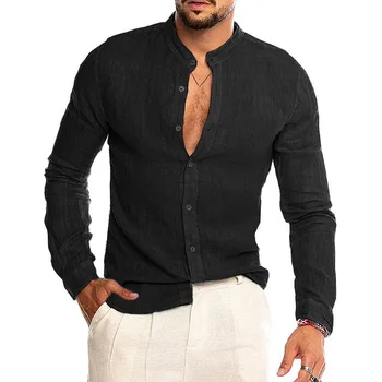 Homens Casual Blusa de Algodão, de Linho, Camisa de Manga Longa de Verão Botão para Baixo de Camisas Para Homens 1