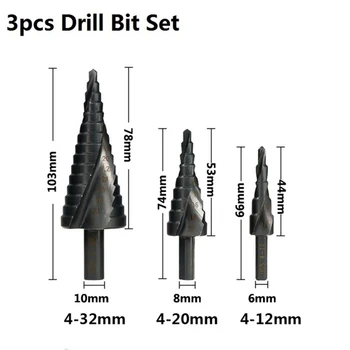 HSS Passo Broca Conjunto de Bits de 4 a 12/20-32mm Nirtird Revestido em Espiral Groove Madeira Metal Cortador de Buraco Passo Cone Broca