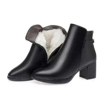 Inverno de Couro, Lã, Botas de Mulheres, Meio de Calcanhar Mãe Sapatos de Algodão para as Mulheres de meia-Idade de Lã Quente Grande Tamanho Médio Ankle Boots 1