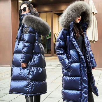 Inverno de espessura real quente casaco de pele brilhante pele real de tecido com pato pescoço capuz mais oversized sobretudo a coats