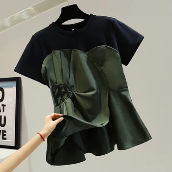 Irregular de Costura T-shirts 2022 Primavera-Verão da Nova Retro Plissado Casual Manga Curta Topo Elegante, Feminina Camiseta Mulheres T-shirts