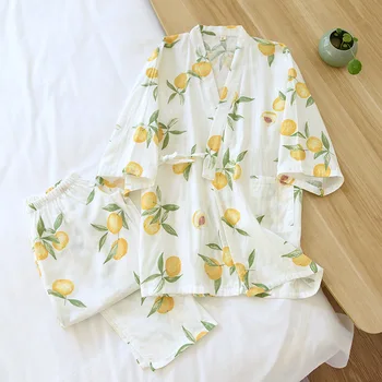 Kimono japonês Verão e Outono de Pijamas para Mulheres Floral Solta Pijama Terno de Puro Algodão com Manga Três quartos Casa, Serviço Fina