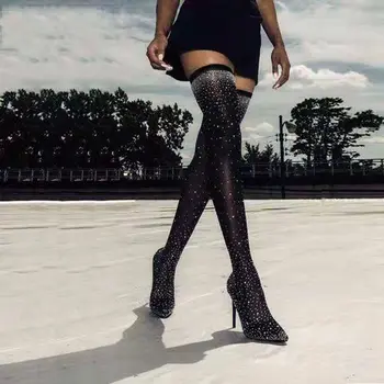 Koovan Mulheres Over-the-knee Boots 2020 Novo Diamond Alta Calcanhar Botas femininas Elástico Tecido Sexy Joelho Alto Botas Grandes Senhoras 43 0