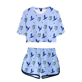 Linda Garota Calça Curta T-shirt de Duas peças de Conjunto Floral Padrão de Folha de Impressão Mini Calças Curtas Ventilação de Algodão de Sexy Cultura Tshirt Topo