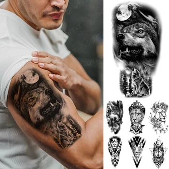 Lobo Da Floresta Impermeável Da Etiqueta Temporária Tatuagem De Leão Tigre Coroa Do Relógio Geométricas Flash Tatto Mulheres Homens Braço Fake Tattoos Da Arte Do Corpo