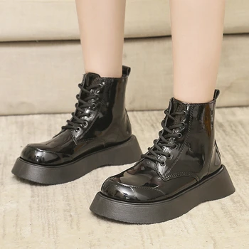 Lucyever Vintage Dedo Grande Plataforma Ankle Boots para as Mulheres de Couro de Patente de cordões de Sapatos de Mulher 2021 Sola Grossa Outono Botas para Mulher