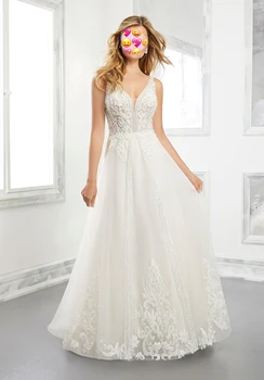 Luxo 2020 Uma Linha de Vestidos de Casamento para Noivas Vestido de Tule Apliques de Renda Beading Princesa Cintas de Espaguete Branco Marfim