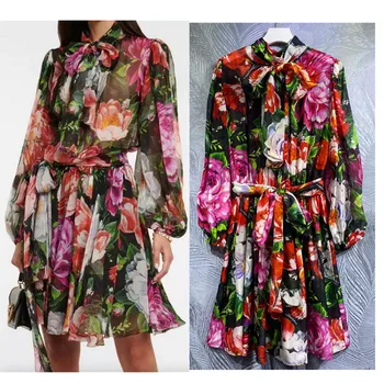 Luxo Designer Inspirado Mulheres Floral Impressão Mini Vestido de Seda de Alta Qualidade Fashion Dress para mulheres 2023