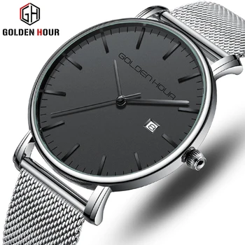 Marca de topo GOLDENHOUR Homens Relógio de Quartzo Moda Casual Prata Caso de Relógios Impermeável Pulseira de Aço Inoxidável Simplicidade Relógio