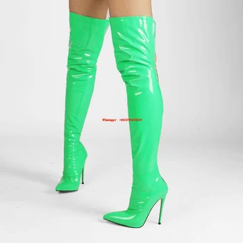 McNabney 2022 Novas Mulheres Apontou Salto Agulha Sobre o Joelho Botas de Couro de Patente Longo Sexy Botas cor-de-Rosa Roxo Verde Moderno Botas 1