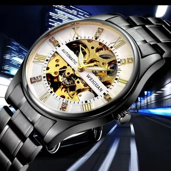 Mecânica Relógio masculino Unraion de Luxo relógio Automático para os homens Esqueleto Design Impermeável Luminosa Bandas de Aço Para Estudantes de Esportes