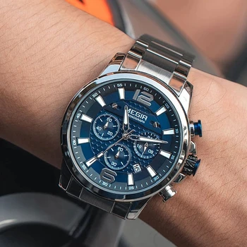 MEGIR de Luxo, Relógios de Homens de Marca Top Impermeável de Aço Inoxidável do relógio de Pulso Luminoso Azul Desporto Cronógrafo de Quartzo Relógio de Homem 2156