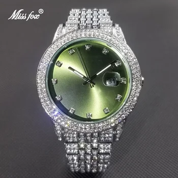 MISSFOX Hip Hop Diamante Mulheres Relógios de Moda de Luxo Green Dial do Relógio de Quartzo da Senhora Gelado à Noite Vestido de Relógio Dropshipping 2021