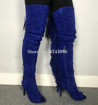 Moda Azul de Camurça, Franjas Longas Botas de Mulheres Sexy Peep Toe Salto Agulha Sobre o Joelho Borlas Botas de Senhora Fotos Reais Sapatos