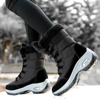 Moda das Mulheres Ankle Boots Plus Size de Pelúcia Mulheres Sapatos de Inverno mais quente ao ar livre Macio Bota de Neve Luxo de Rendas Até Botas de Plataforma B60