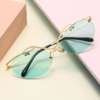 Moda sem aro Elipse Óculos de sol das Mulheres Dupla Ponte de Óculos Retro Óculos de sol de Luxo Designer de Óculos de Sol UV400 Vidro Tons 4