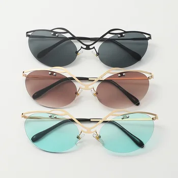 Moda sem aro Elipse Óculos de sol das Mulheres Dupla Ponte de Óculos Retro Óculos de sol de Luxo Designer de Óculos de Sol UV400 Vidro Tons 5