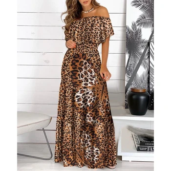 Moda Verão As Mulheres Fora Do Ombro Leopard Imprimir Borboleta Longo Vestido De Festa De Noite Sexy Vestido Maxi Senhora Femme Baile Manto