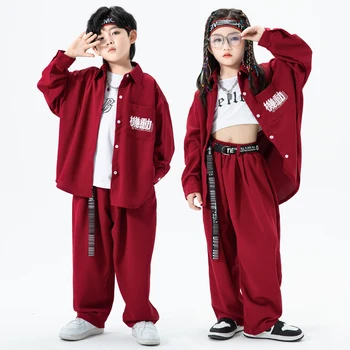 Modern Jazz Dance Roupas Para Meninas Meninos de Dança Hip Hop Roupa de Mangas compridas, Camisa Vermelha Calças Concerto de Desempenho do Vestuário de BL9044