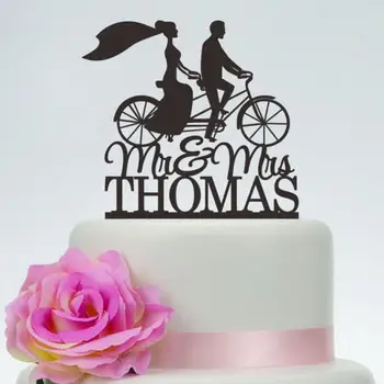 Mr And Mrs Bolo Topper Com O Sobrenome,A Noiva E O Noivo Em Bicicleta Silhueta,Bolo Personalizado Topper,De Bicicleta Bolo Topper