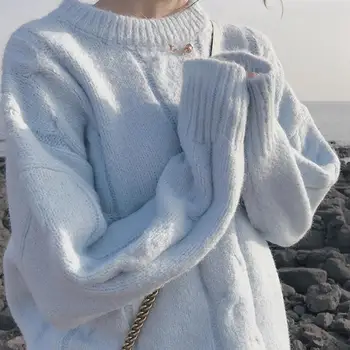 Muito fadas mohair camisola feminina de torção da tampa solta preguiçoso estilo 2021 novo soft de leite azul de outono e inverno desgaste grosso