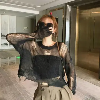 Mulher Fina Blusas Ocos de Vestuário Gótico Pulôver de Mulheres Buraco Quebrado Tops Senhoras Goth Pull de Tricô de Mulheres Neck Sweater 2021