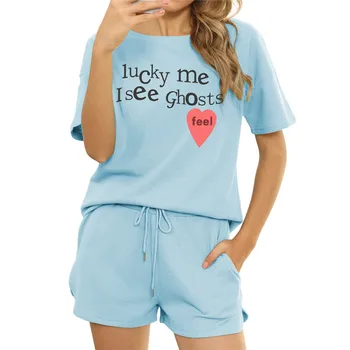 Mulheres 2 Pedaço de Verão Conjuntos de 2021 Camisolas Casa Terno Feminino Pijama Curto Define O-de Algodão com Decote Letra Impressa Pulôver de Ternos 1