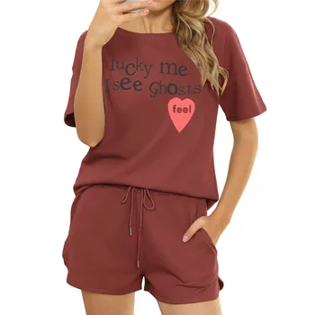 Mulheres 2 Pedaço de Verão Conjuntos de 2021 Camisolas Casa Terno Feminino Pijama Curto Define O-de Algodão com Decote Letra Impressa Pulôver de Ternos 3