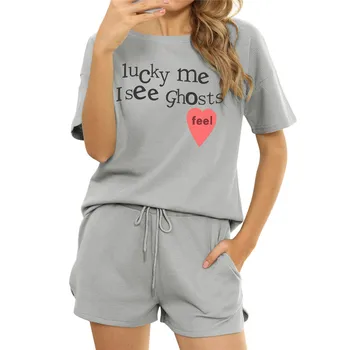 Mulheres 2 Pedaço de Verão Conjuntos de 2021 Camisolas Casa Terno Feminino Pijama Curto Define O-de Algodão com Decote Letra Impressa Pulôver de Ternos 4