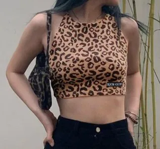 Mulheres Da Moda Sexy Marrom Leopard-Print Lace-Up Da Parte Superior Do Tanque Sexy Sem Mangas, Gola Redonda Bordado Da Letra Gravata Feminina Crop Top