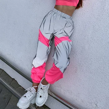 Mulheres de Esportes Lazer Meados de cintura Costura Reflexiva Casual Calças de Senhoras Moda Patchwork Rosa Solta Corredores de Streetwear Calças 0