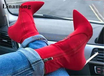 Mulheres Elegantes Apontou Toe de Camurça, de Couro Vermelho Amarelo Estilete de Metal Calcanhar Botas Curtas de Zíper Lateral-up de Alta Calcanhar Ankle Boots