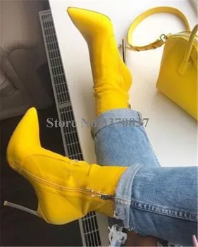 Mulheres Elegantes Apontou Toe de Camurça, de Couro Vermelho Amarelo Estilete de Metal Calcanhar Botas Curtas de Zíper Lateral-up de Alta Calcanhar Ankle Boots 1