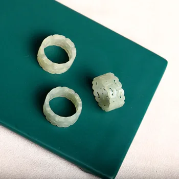 Natural hetian jade branco anéis gravado moiré jóia de gemstone da banda anel de pedras de jade para as mulheres de joalharia de luxo, jóias anéis 1