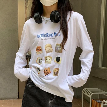 Nova Moda Outono Mulheres T-shirt Vintage Pão Gatinho Bonito Imprimir Tee Blusas Feminina de Algodão de Manga Longa, Blusas Brancas Mujer
