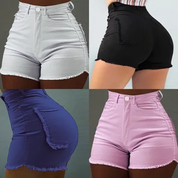 Novas Mulheres Sólido Sexy Cintura Alta Jeans, Shorts Jeans Feminino Com Bolsos Boate Verão 2021 Cor-De-Rosa Azul Preto Branco