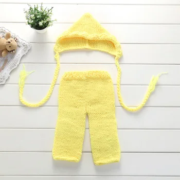 Novo 2 Pcs/Set Bebê Recém-nascido de Crochê, Tricô Amarelo Fotografia Looks com Chapéu de Calças compridas 1