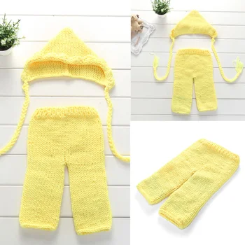Novo 2 Pcs/Set Bebê Recém-nascido de Crochê, Tricô Amarelo Fotografia Looks com Chapéu de Calças compridas 4