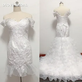 Novo Design Detacable Vestido de Noiva Fora do Ombro Lantejoulas Lace Estilo Sereia 2 em 1 Vestido de Noiva