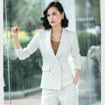 Novo trabalho de escritório blazer ternos das mulheres de alta qualidade OL mulheres com o terno de blazers, casacos com calças de duas peças de conjunto Branco preto 1