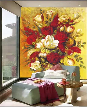 O 3D personalizado murais de Luxo,pinturas a óleo, flores e vasos de papel de parede,sofá da sala de TV de parede o papel de parede de quarto