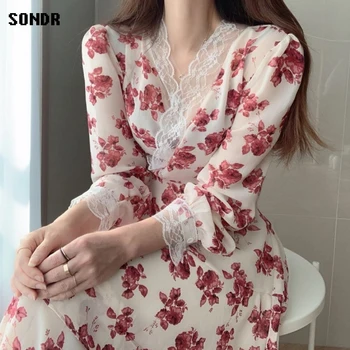 O coreano de Uma peça com decote em V Manga Longa de Uma linha de Bolo de Vestido Midi Vestido de 2021 Primavera, Outono de Nova Renda Floral Elegante Vestido Casual Feminino