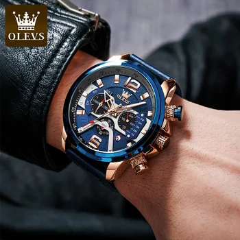 OLEVS Homens Relógios de Marca Top de Luxo pulseira de Couro Impermeável Azul Quartzo Relógio Homens de Moda Cronógrafo Masculino do Esporte Militar Assista