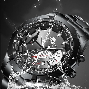 Os Relógios dos homens de Negócios de Moda Luminosa Superfície Preta Prata Correia de Aço Inoxidável Calendário 3ATM Waterproof Quartzo de Pulso 5