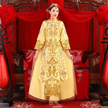 Ouro cheongsam Primavera, Outono Especial de Moda noiva Chinesa vestido de casamento vestido de Suzhou bordado feminino ouro quimono S-XXL