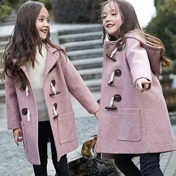 Outono Inverno Snowsuit Botões cor-de-Rosa com Capuz para Crianças de Lã Casaco de Menina de Jaqueta de Moda Médio Grande Meninas Engrossado Misturas de Lã 4