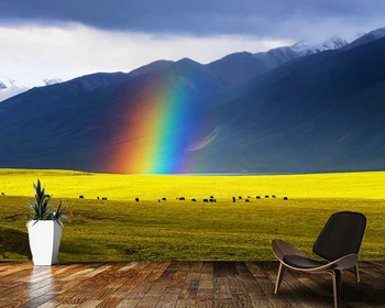 Papel de parede de arco-íris na pradaria montanha paisagem natural 3d papel de parede,sala de tv de parede infantil quarto mural